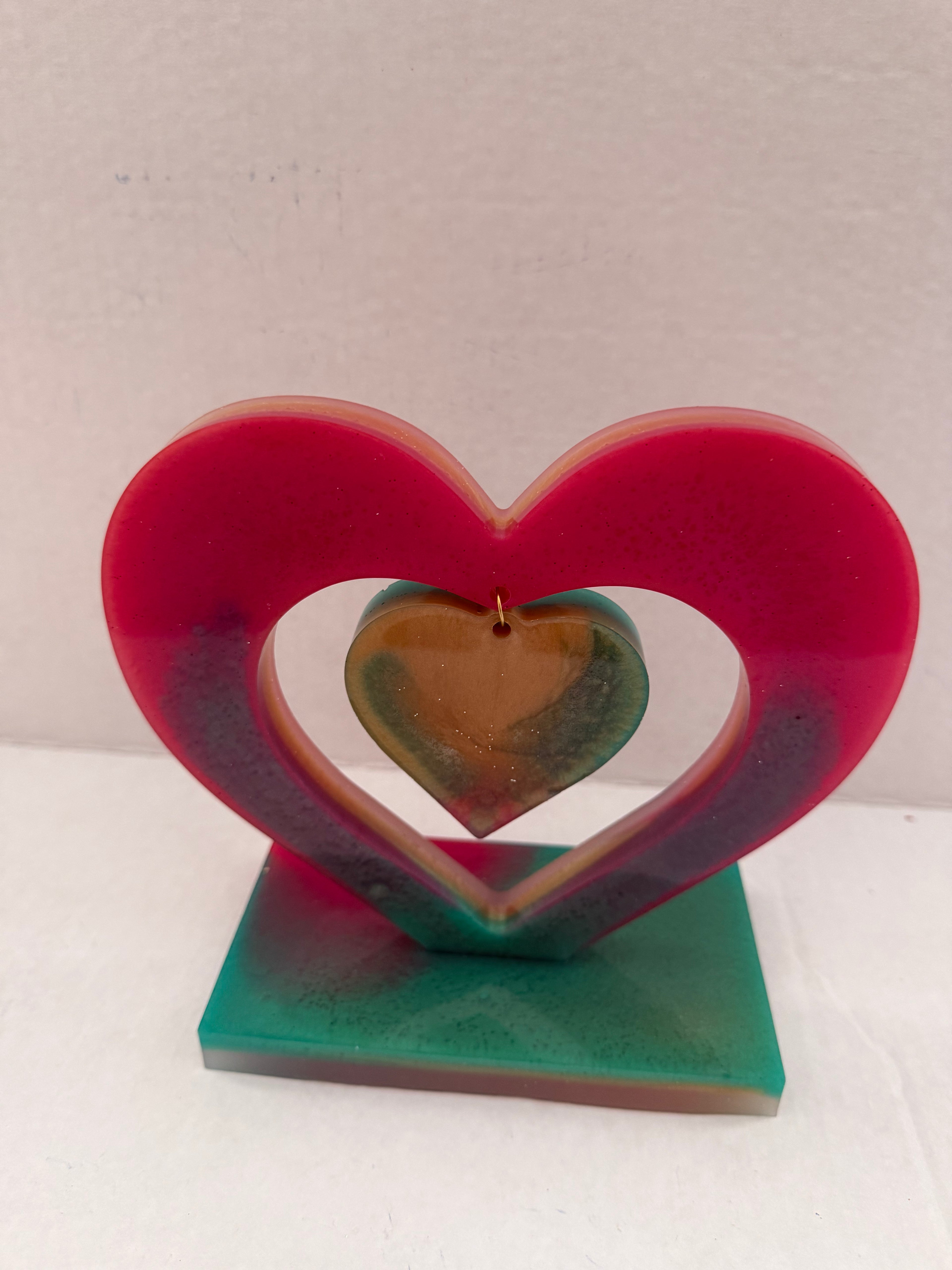 Double Heart Resin Sculpture – Suspended Centerpiece Art